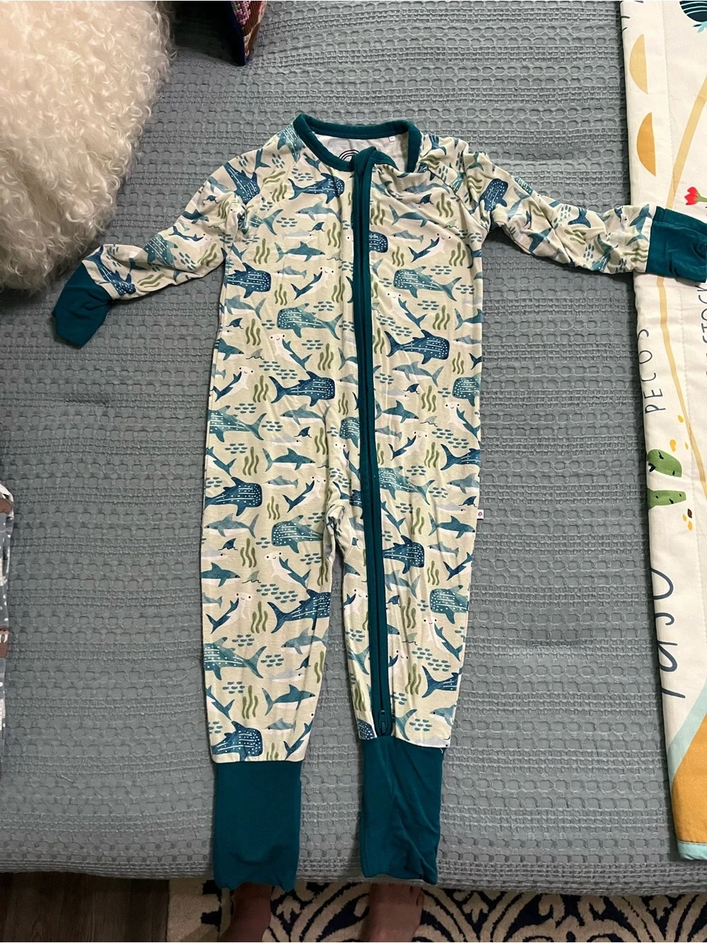 Cream Shark & Teal Trim Kids One-Piece Footie Pajamas